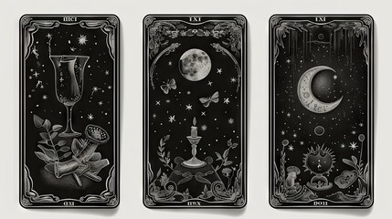 A set of three black tarot cards featuring magical and occult designs