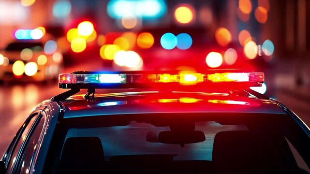 Police siren of car for emergency service at accident scene. Red and Blue Flashing Police Car Light Bar 4k video. Police officer flashes a light on roof of patrol car