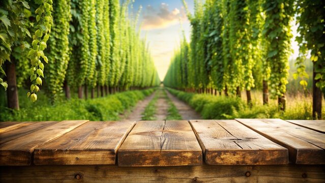 Rustic wooden table with hop garden in the background, captured in wide-angle, harvest, landscape,rustic, rural, panoramic, plantation, agriculture, vines, nature, farm, growing