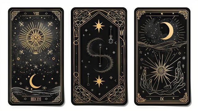 A set of three black tarot cards featuring magical and occult designs
