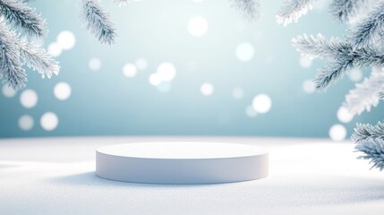 Minimalist winter podium surrounded by snow-covered trees under a clear blue sky, creating a frosty and peaceful scene.