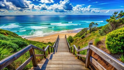 Fototapeta premium Tranquil 1000 Steps Beach Pathway Leading to the Serene Blue Ocean Under a Clear Sky
