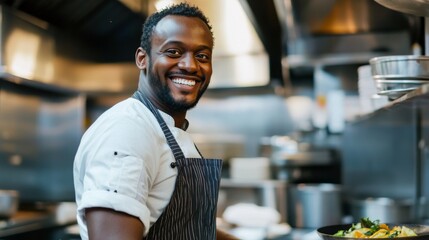 A smiling African American chef is creating a delicious meal in a busy kitchen environment