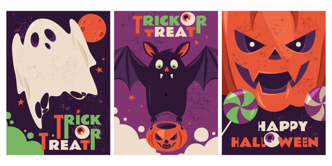 Halloween banners or flyers. Set of vector illustrations. Flat cartoon design. Vertical greeting cards for holiday invitation. Spooky ghost, scary pumpkin and funny bat characters. Trick or treat.