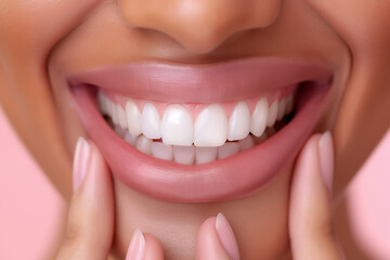 Obraz premium A woman with a radiant smile displays her bright white teeth, gently touching her mouth. The soft pink backdrop accentuates her joyful expression and dental care