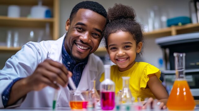 A cheerful father teaches his daughter about science while they conduct colorful experiments