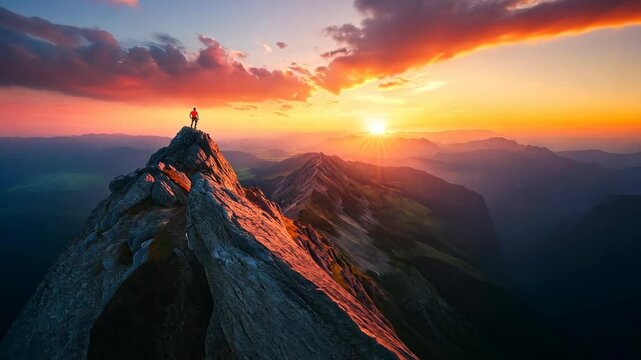 A hiker stands on a mountain peak, enjoying a colorful sunset over the vast landscape