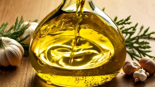 Golden olive oil is being poured from a decorative glass bottle onto a rustic wooden surface adorned with garlic cloves and fresh herbs, creating a warm culinary atmosphere