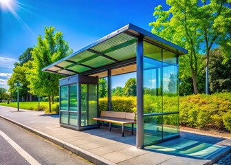 Urban bus stop with a modern shelter surrounded by greenery and a clear blue sky in the city
