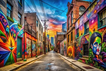 Fototapeta premium Urban Street Scene Featuring Abstract Art and Graffiti Illustrating Themes of Struggle and Survival