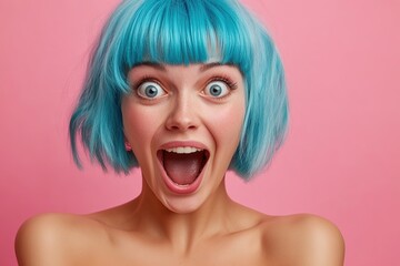 Portrait of beautiful emotional woman in blue wig on pink background