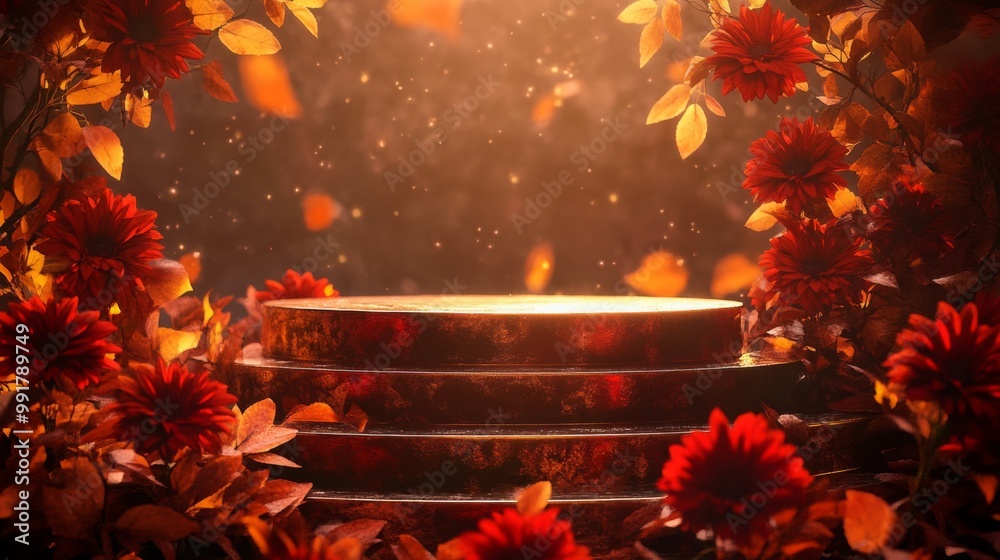 Aufkleber Soft light filters through red flowers, surrounding elegant stone platforms. The enchanting setting creates a magical atmosphere, highlighted by floating leaves and shimmering particles.