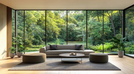 A 3D rendering of a modern living room with a garden view.There are big windows that look out over the surrounding landscape and garden.