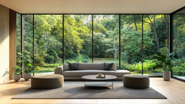 Fototapeta A 3D rendering of a modern living room with a garden view.There are big windows that look out over the surrounding landscape and garden.