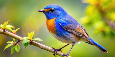 Obraz premium Vibrant Blue Robin Perched on a Branch Against a Softly Blurred Natural Background in Springtime