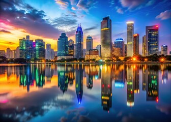 Obraz premium Vibrant City Skyline at Dusk with Skyscrapers and Colorful Lights Reflecting on Calm Water Surface