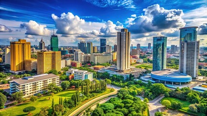 Fototapeta premium Vibrant Cityscape of Nigeria Showcasing Modern Architecture and Lush Greenery Under Blue Sky