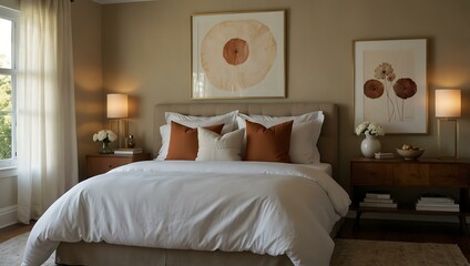 Serene bedroom with white linen and warm tones.