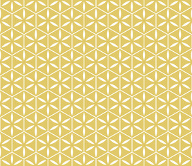 Simple vector gold and white seamless pattern. Abstract floral geometric ornament. Golden background with flower silhouettes, leaves, lines, hexagonal grid, lattice. Luxury repeatable geo design