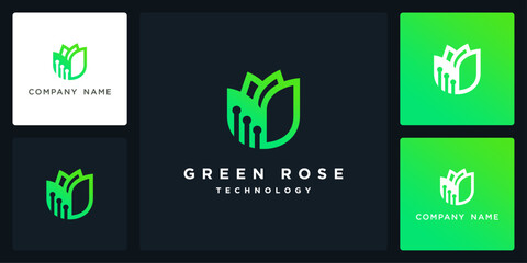 Vector of green rose technology, logo and icon design template available, can be used in various media easily, editable
