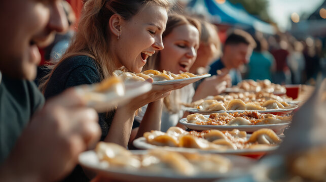 Smiling people participating in pierogi-eating contest at the fair for National Pierogi Day — fun for all!