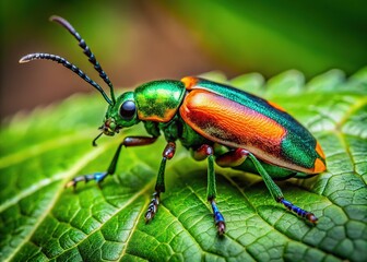 Naklejka premium Vibrant Fire Beetle Crawling on a Leaf in a Lush Green Forest Under Natural Sunlight
