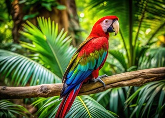 Vibrant Green Wing Macaw Perched on a Branch in Lush Tropical Environment with Colorful Feathers