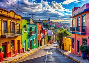 Obraz premium Vibrant Street Scene in Tijuana City Showcasing Colorful Architecture and Lively Urban Atmosphere