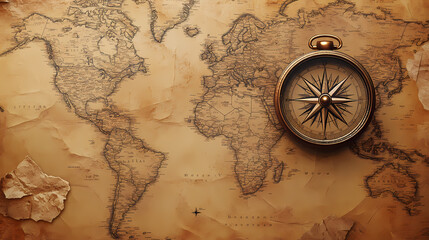 Illustration of ancient compass on old vintage world map banner background, generative ai. Pirate Treasure Map. Illustration