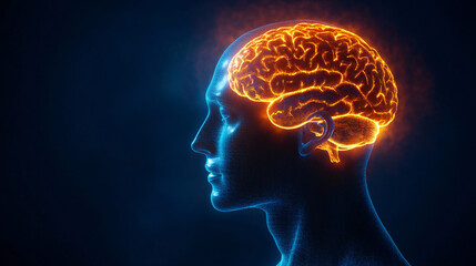 Human head with a glowing brain.
