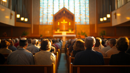 A peaceful moment of prayer in a synagogue, with people reflecting quietly during Yom Kippur services, highlighting the sacred atmosphere and spiritual focus of the holiday