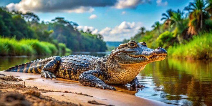 Yacare Caiman Lying on the Riverbank in Natural Habitat of South America with Lush Greenery Surrounding