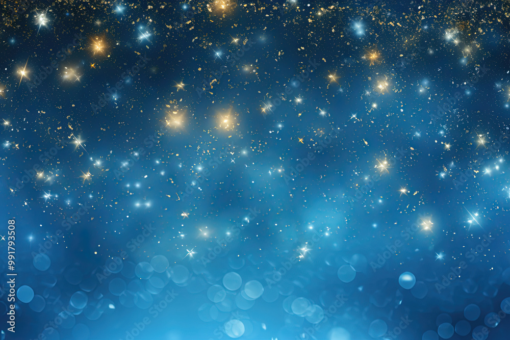 Poster Blue background with silver and gold snowflake particles and blurred bokeh sparkles
