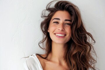 Naklejka premium : Portrait of a woman with dark brown hair on a white background, showcasing hairstyle.