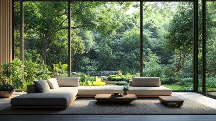 A 3D rendering of a modern living room with a garden view.There are big windows that look out over the surrounding landscape and garden.