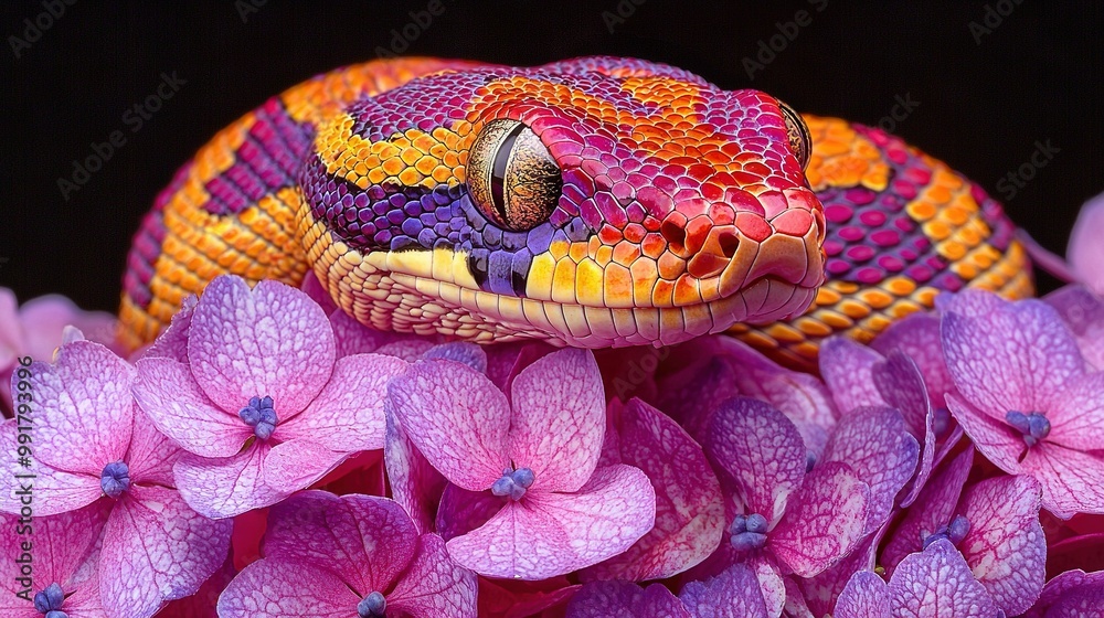 Sticker   A vivid close-up of a rainbow snake perched above lilac blossoms, surrounded by pastel pink petals