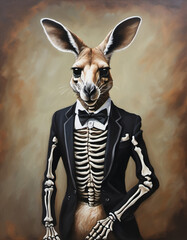 Painting of a kangaroo dressed as a skeleton