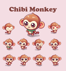 Monkey Chibi Character set vector illustration