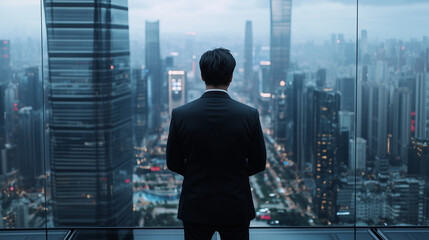 A cinematic view of a Chinese businessman with windswept hair, standing at the foot of a glass skyscraper, looking toward the horizon, his reflection blending into the cityscape be