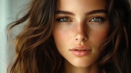 Naklejka premium Close-up Portrait of a Young Woman with Freckles. Generate Ai Image