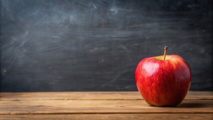 A red apple on a wooden table in front of a blackboard Panoramic, spacious, organic, fruit, background, agriculture, teaching, rustic, nutrition, learning, healthy, school, education