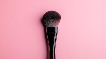 A black makeup brush with soft bristles on a pink background.