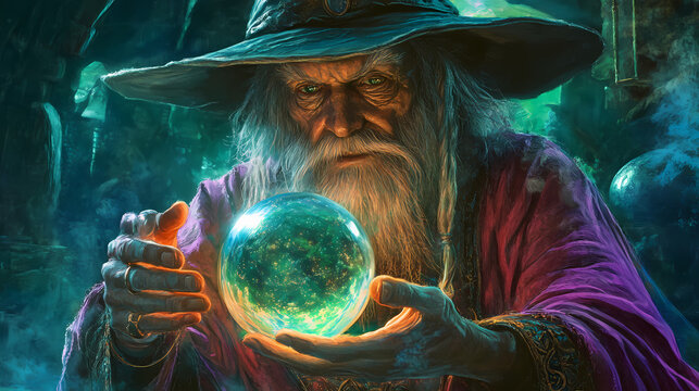 Elderly wizard magician astrologist in wide-brimmed hat gazes into a crystal ball, predicting the future amid a mystical, fairytale-like setting. Crystal Ball. Illustration