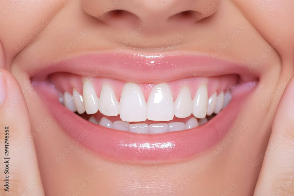 Wall mural a young woman smiles brightly, revealing her white, healthy teeth while gently touching her cheeks. 