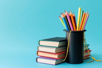 Fototapeta premium Graduation day.A mortarboard and graduation scroll on stack of books with pencils color in a pencil case on blue background.Education learning concept geneative ai