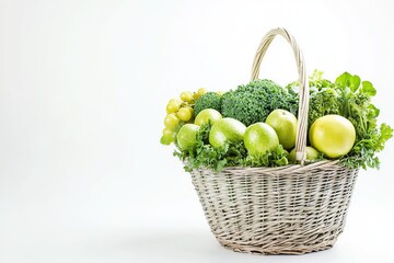 Wicker basket full of different grocery products on white background