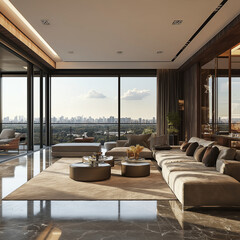 Fototapeta premium Elegant luxury penthouse living room with panoramic city view and modern decor