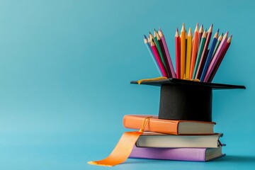 Fototapeta premium Graduation day.A mortarboard and graduation scroll on stack of books with pencils color in a pencil case on blue background.Education learning concept geneative ai