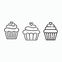 A collection of Valentine's Day cupcake dessert line art vector icons.