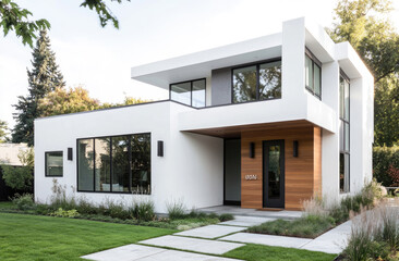 Fototapeta premium A modern house with white walls, black windows, and wooden accents. The front door is made of dark gray aluminum-framed glass, flanked by two square sconces